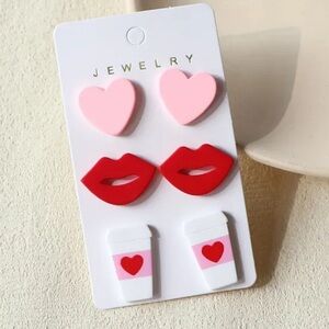 Women’s Acrylic Heart, Lips & Coffee To Go 3 Pk Fashion Earring Set